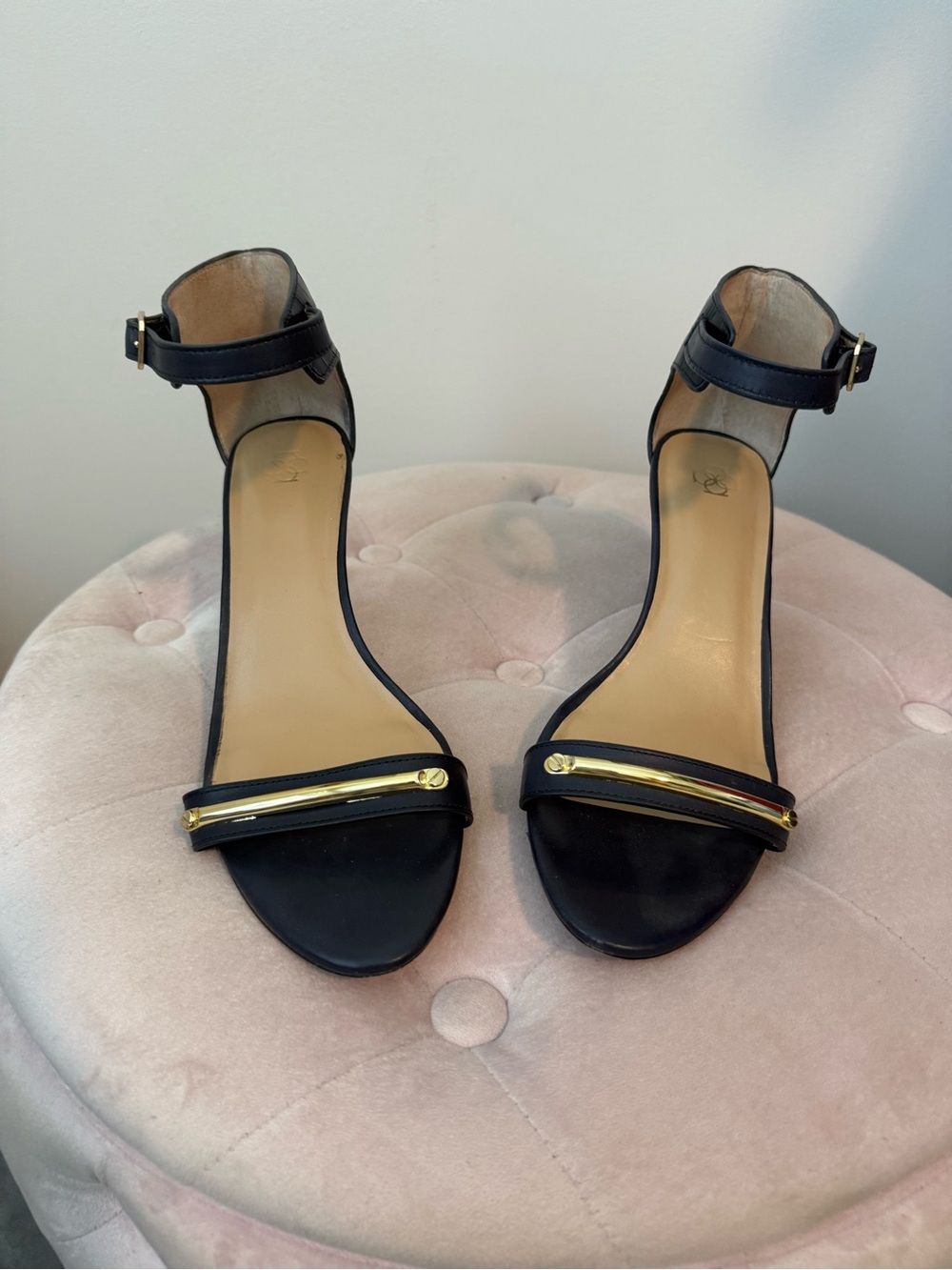 Ann Taylor Navy Ankle-Strap Heels with Gold Toe Bar size 9